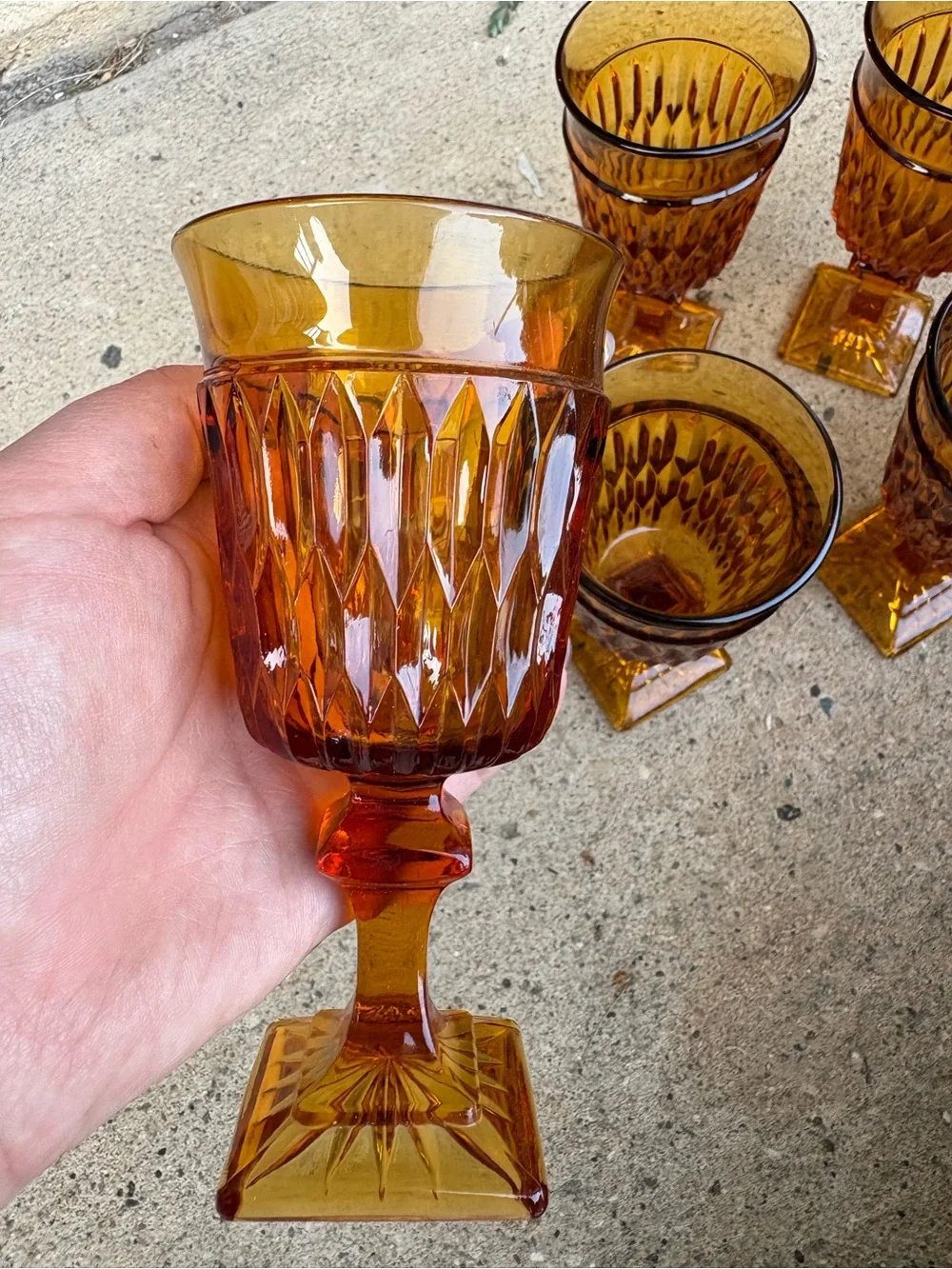 Short Indiana Glass Mount Vernon Amber Pressed Glass Goblets - Set of 6
